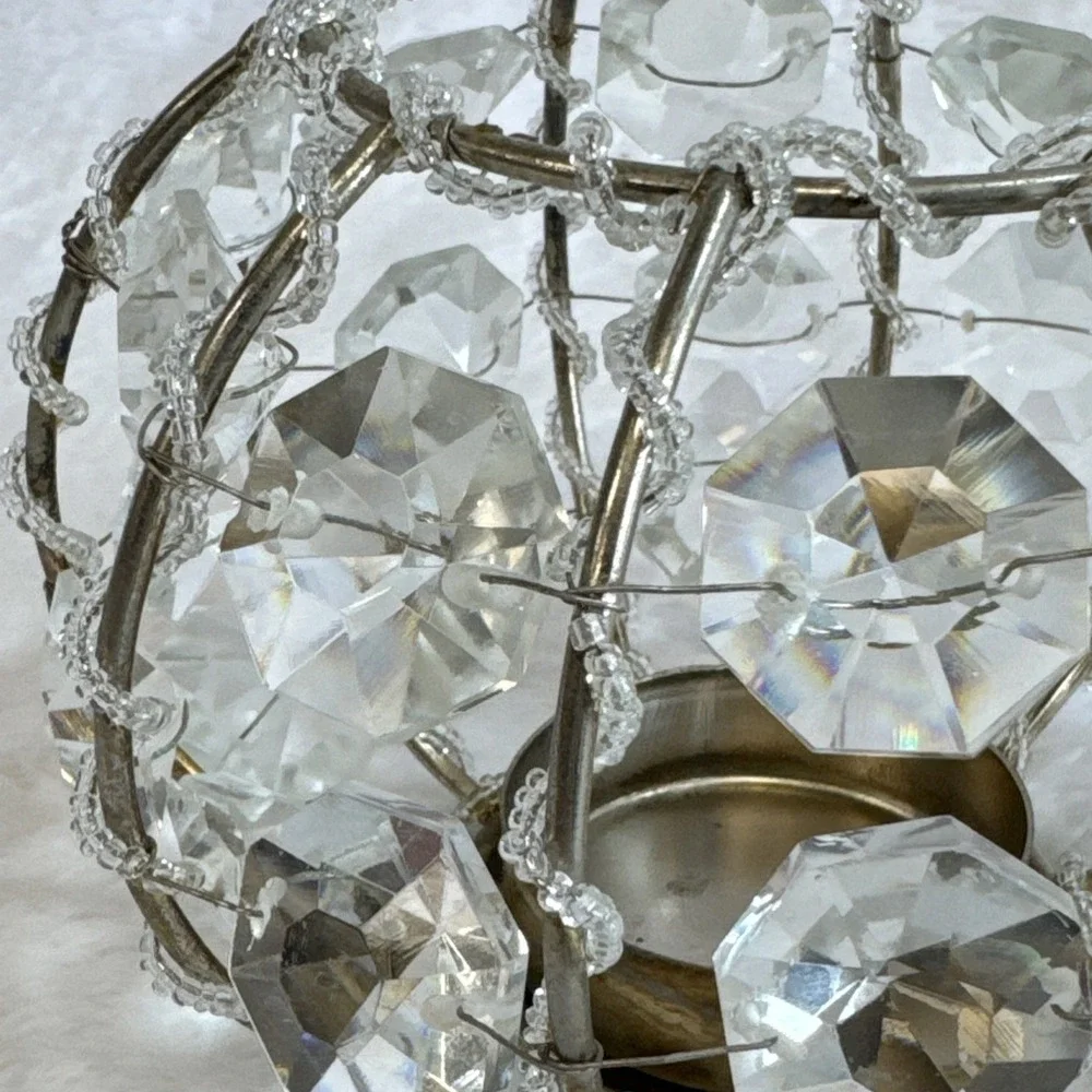 Vintage‎ Beaded Crystal Prism Votive Candle Holder Silver Tone